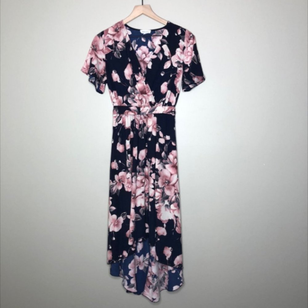 Blush & Navy Floral Midi Wrap Dress